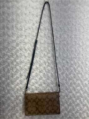 Coach Brown Signature Canvas Crossbody with Black Strap leather interior